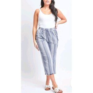 Royalty For Me Blue Striped Boho High Rise Linen Capri Pant with Fraying Size XL